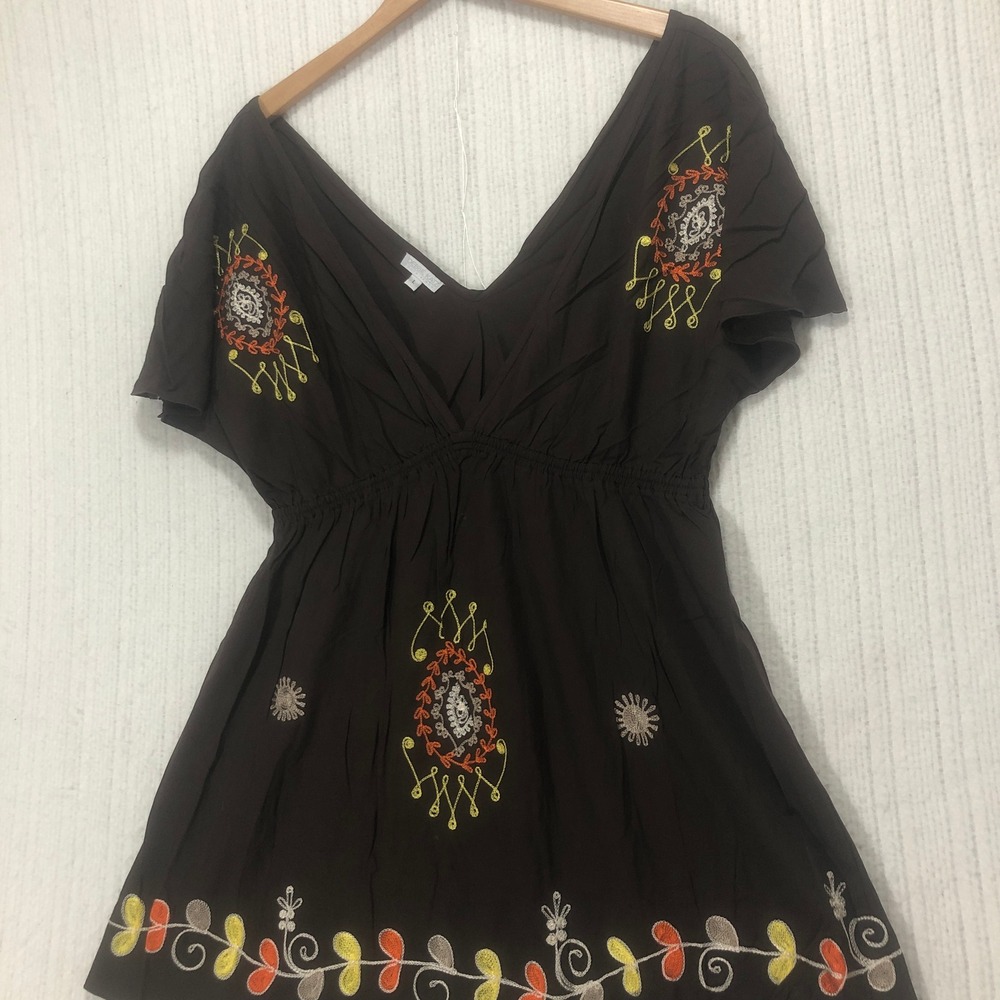 Debbie Katz Embroidered Tunic Top Bohemian Blouse V Neck Brown Size L